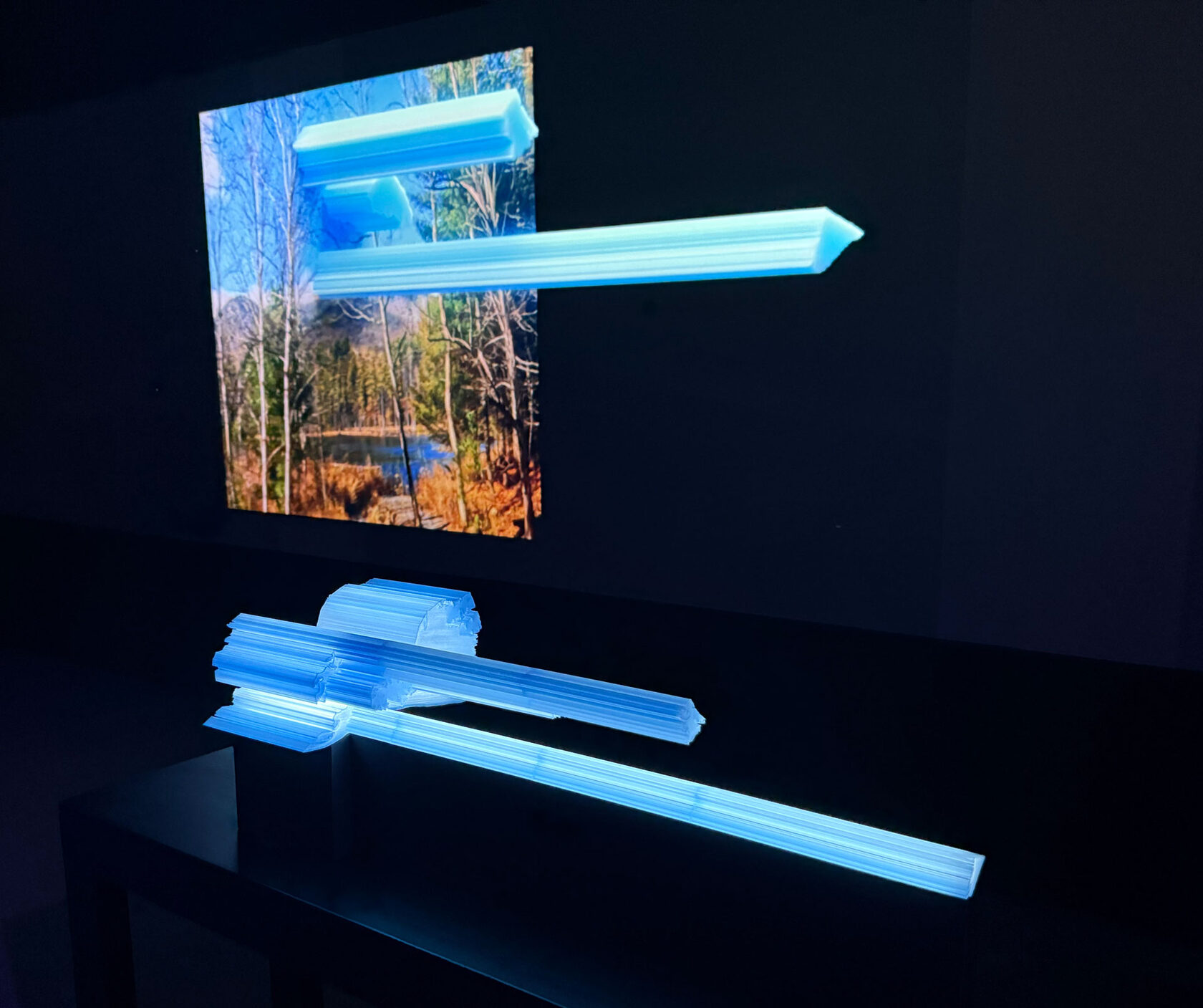 Through Branches - Lucid Voxelations Series | Illuminated 3D-printed Sculpture, Translucent PLA | 30" x 10" x 12" | Exhibited With Projected Media | 2025