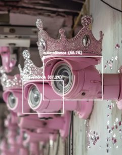 Cuteveillance Cuteveillance Fabiola Larios pink surveillance cameras with tiaras on gray wall
