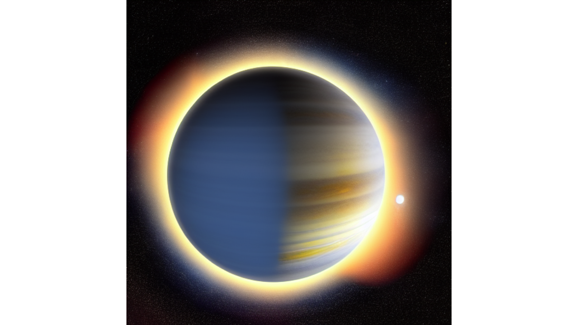 A GenAI visualization of exoplanet HD 106315 b. The planet is white and yellow with half the planet bright and the other dark.