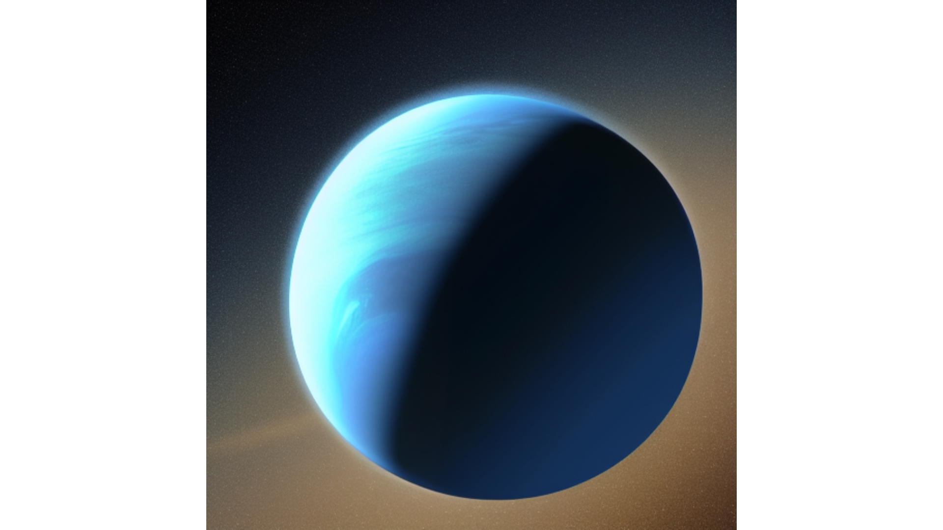 This GenAI image depicts exoplanet HD 4308 b. The planet is blue in color with half the planet dark as it faces away from the sun, and the other half bright.