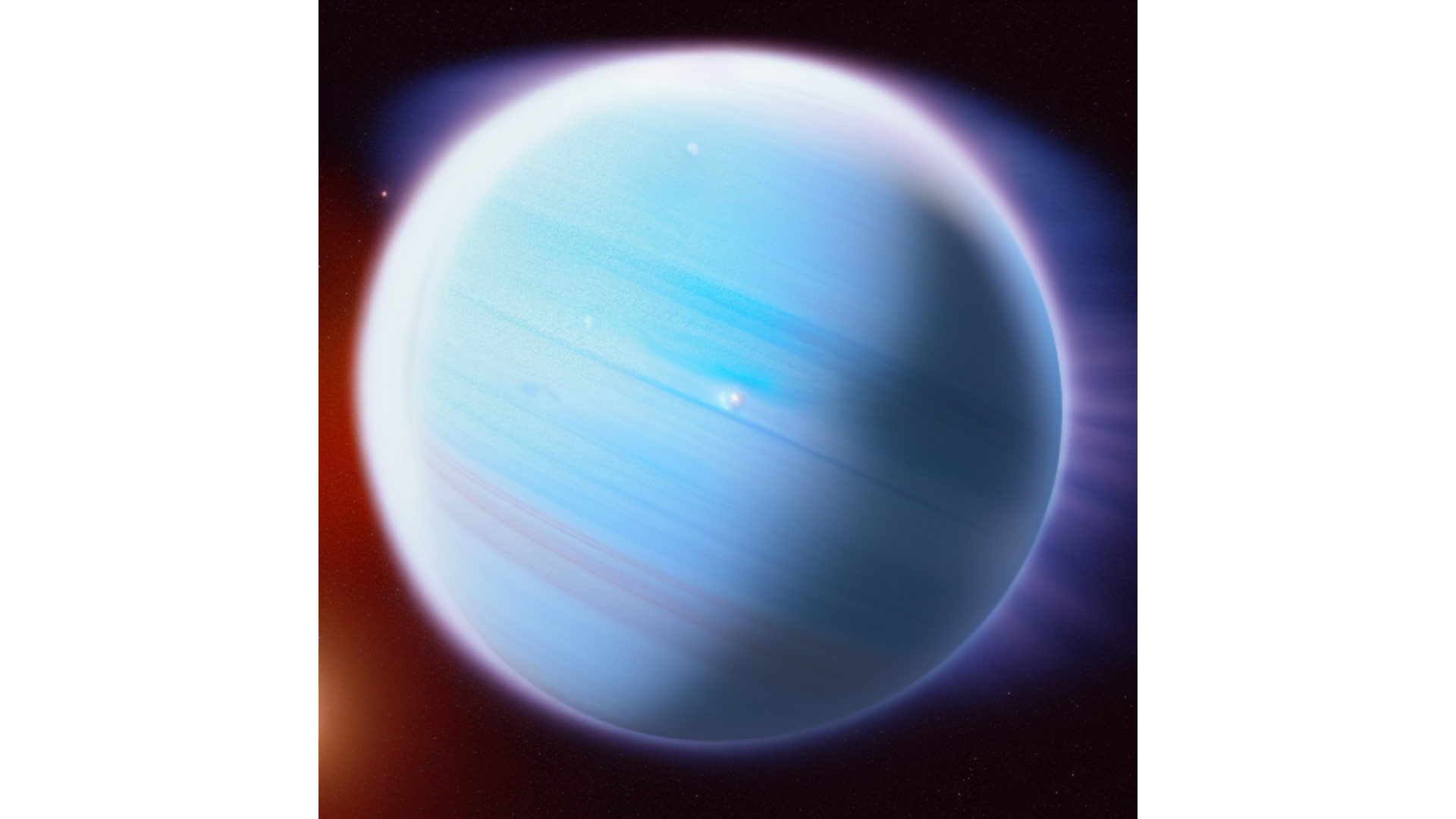 A visualization of exoplanet HD 56957 b. The planet is light blue in color with soft clouds covering the surface.