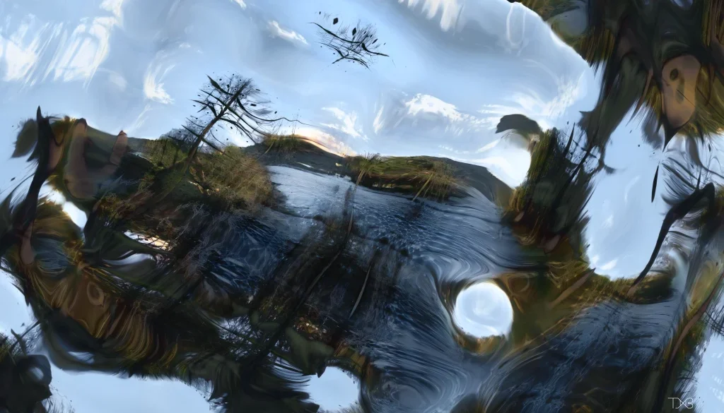“Lake Blue Sky (1458)” by Tim Murray Browne “lake blue sky (1458)” by Tim Murray-Browne, rendered using a custom-trained AI model. Part of his print series “Diffeomorphic Landscapes”.