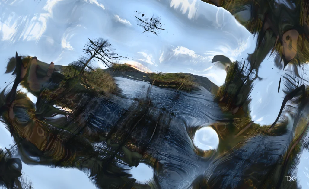 “lake blue sky (1458)” by Tim Murray-Browne, rendered using a custom-trained AI model. Part of his print series “Diffeomorphic Landscapes”.